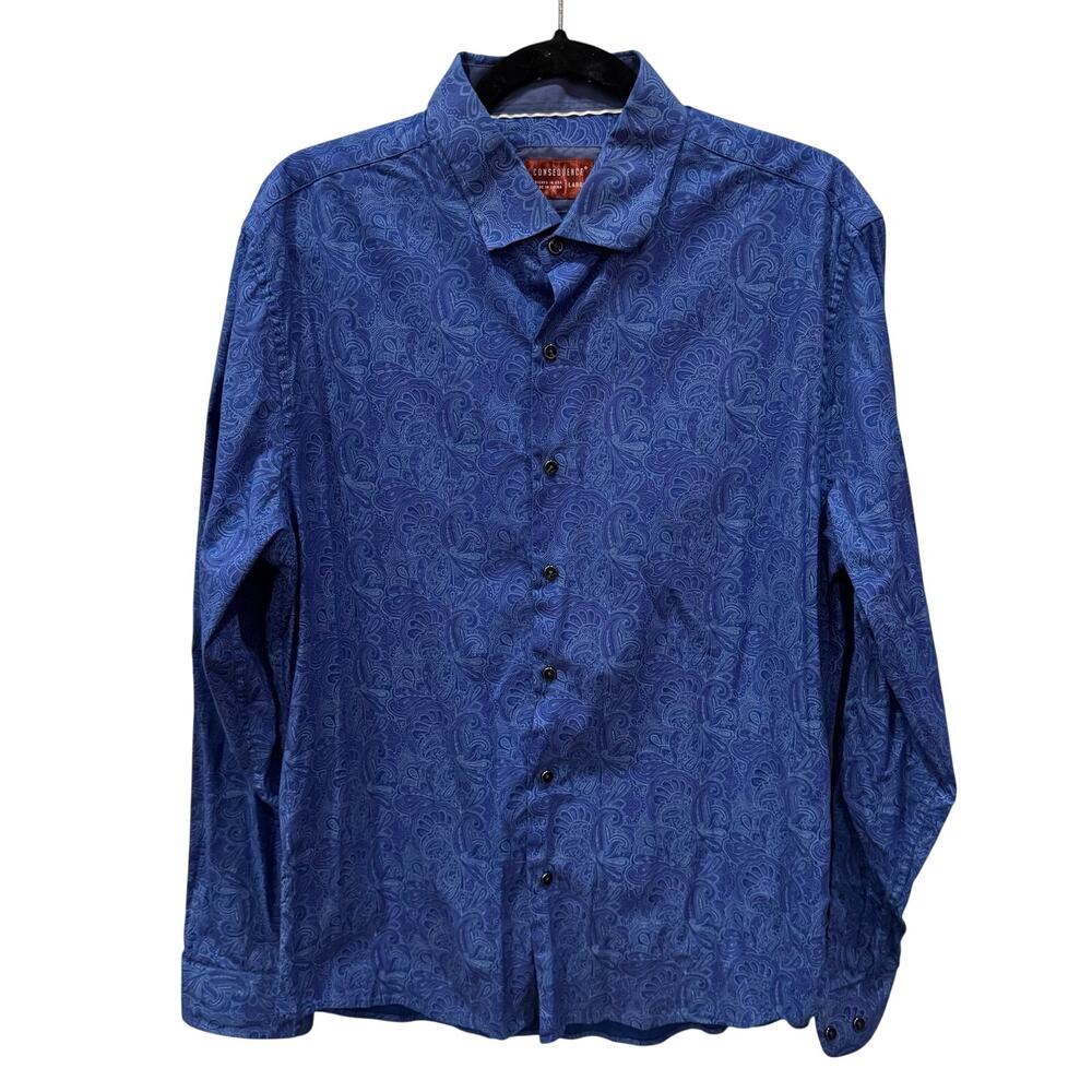 Consequence Royal Blue Tonal Paisley Button Up Shirt Mens Large L Dress Casual